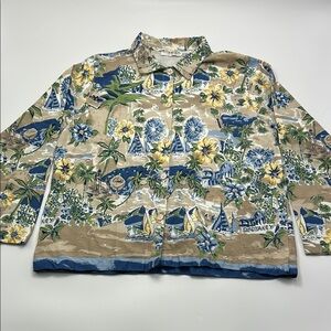 Allyson Whitmore Beach Printed Shirt Women's XL Button Cotton Green Blue